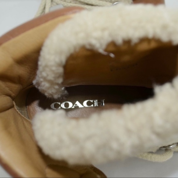 Authentic Coach Brown Leather Shearling Lace-Up Wedge Booties Boots 9 - Picture 7 of 12